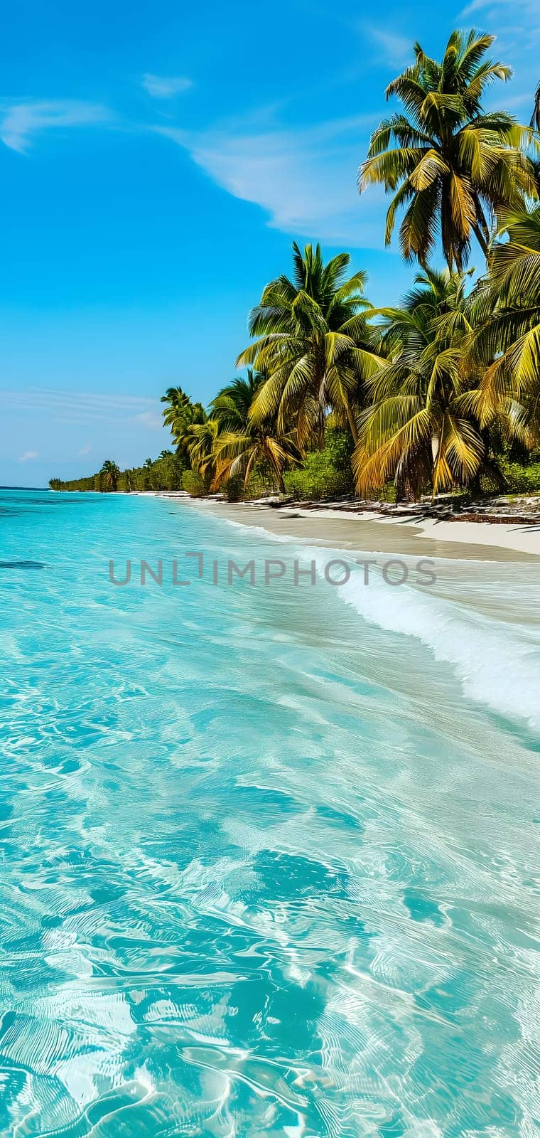 tropical beach view at sunny day with white sand, turquoise water and palm tree. Neural network generated image. Not based on any actual scene or pattern.