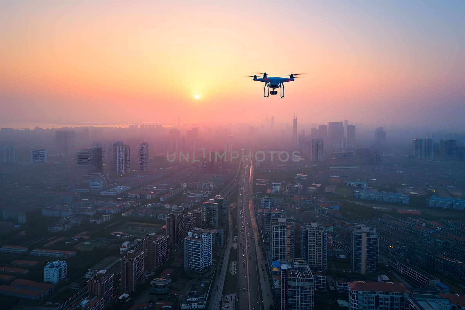 Flying drone above the city at summer morning. Neural network generated image. Not based on any actual scene or pattern.