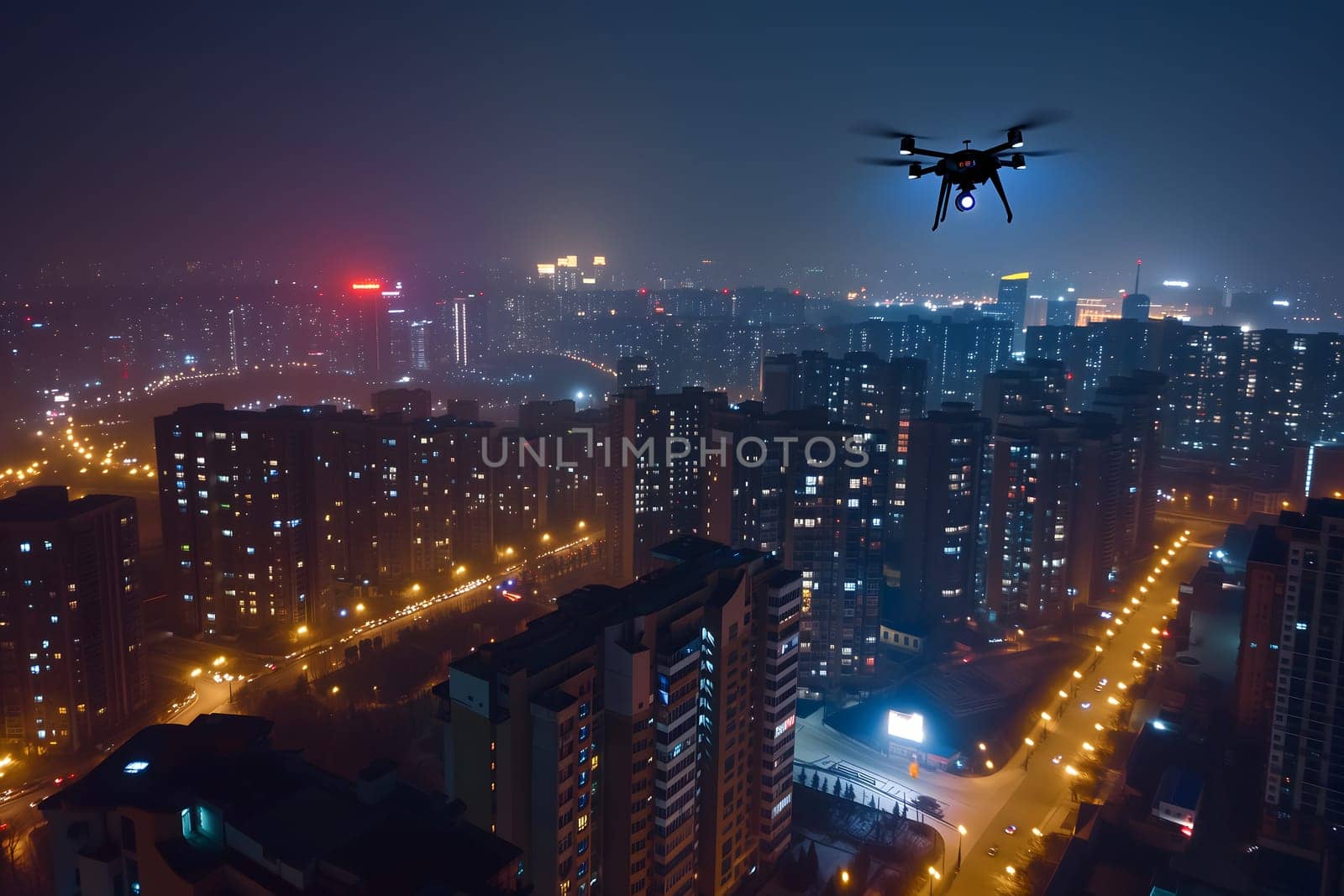 Flying drone above the city at snowy winter night. Neural network generated image. Not based on any actual scene or pattern.