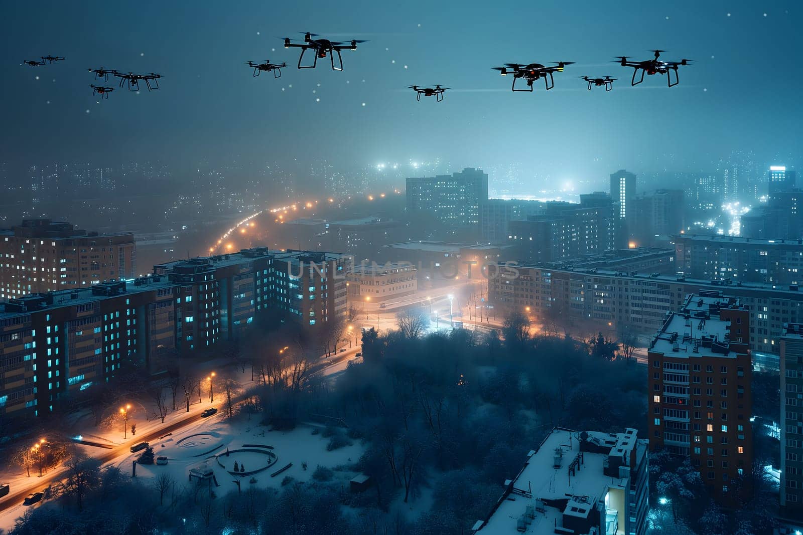 Group of drones over city at snowy winter night. Neural network generated image. Not based on any actual scene or pattern.