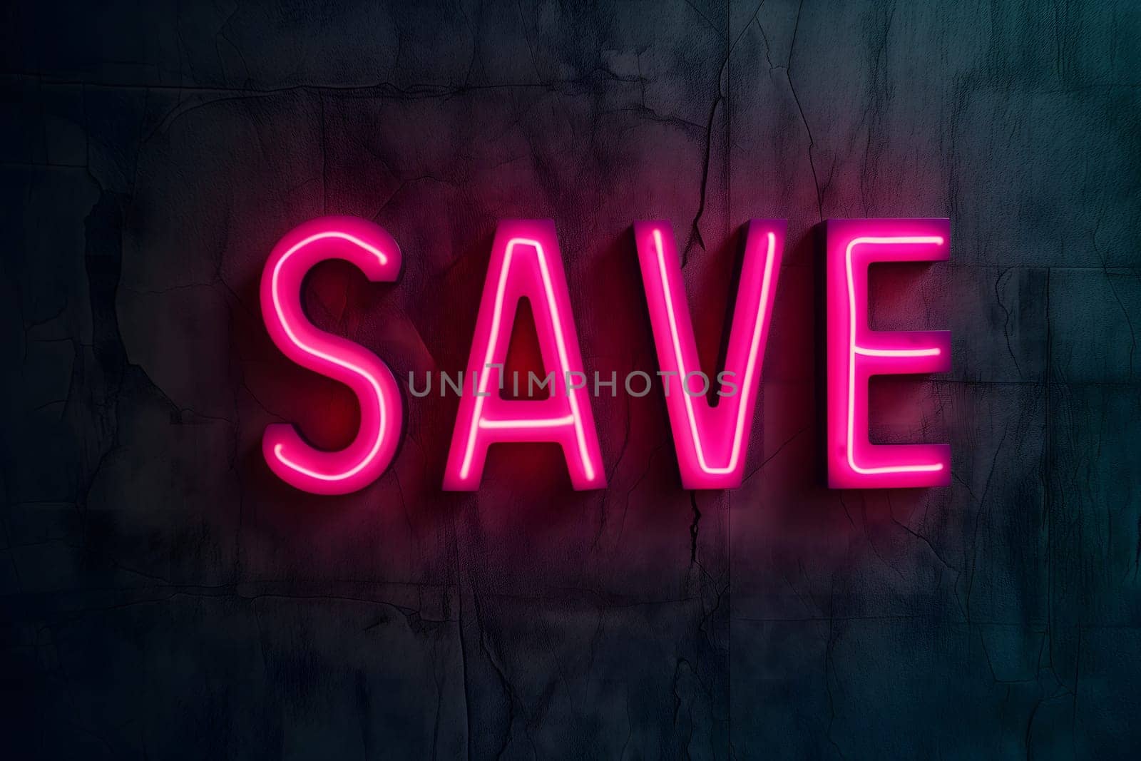 Neon word save on dark shabby wall. Neural network generated image. Not based on any actual scene or pattern.