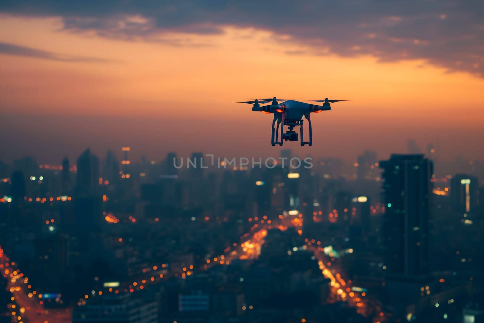 one drone over city at summer sunrise. Neural network generated image. Not based on any actual scene or pattern.