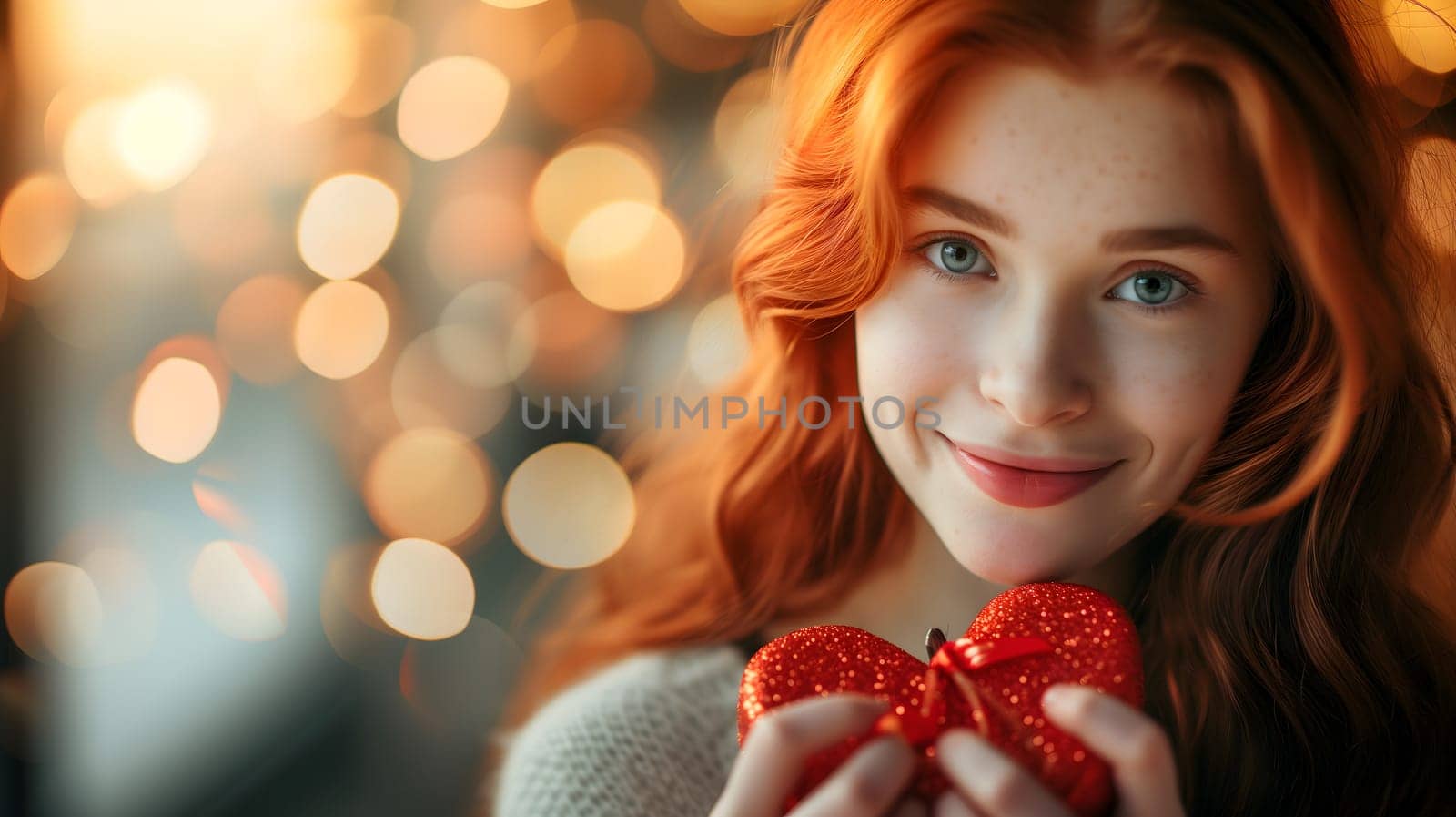 Beautiful redhead young adult woman with gift for Valentines Day with bokeh at background. Neural network generated image. Not based on any actual person or scene.