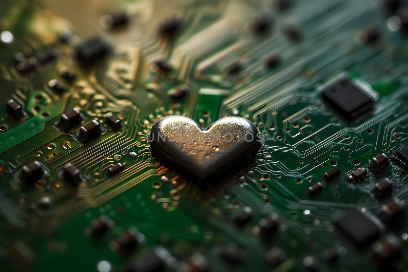 Heart-shaped microchip on green circuit board. Neural network generated image. Not based on any actual person or scene.