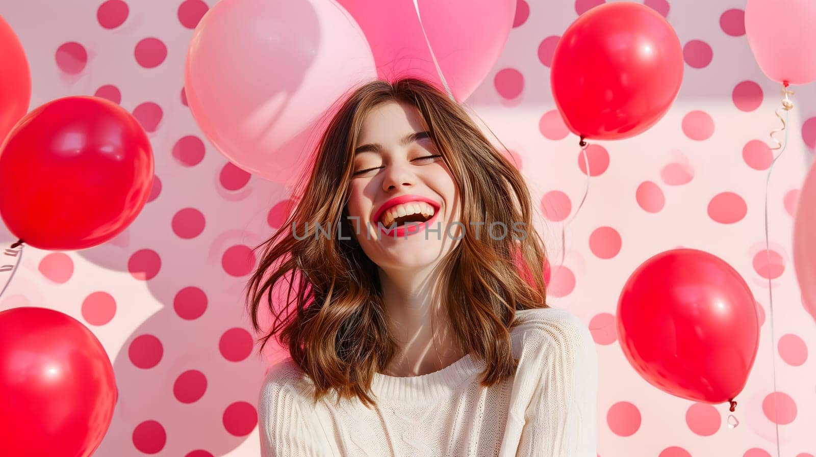 Young adult woman with red and pink air balloons laughing, on pink polka dots background. Happy holiday party. Joyful beauty having fun, celebrating Valentine's Day. Neural network generated image.