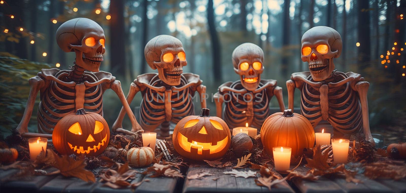 Skeletons sitting at the table and having a Halloween party. Neural network generated image. Not based on any actual scene or pattern.