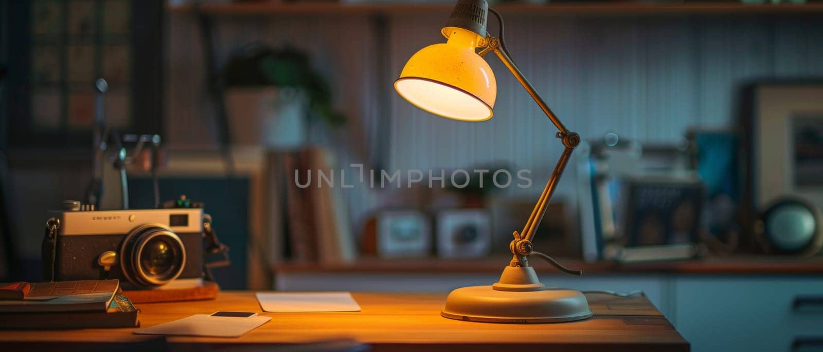A simple wooden desk with a classic lamp and a vintage camera sits bathed in warm light
