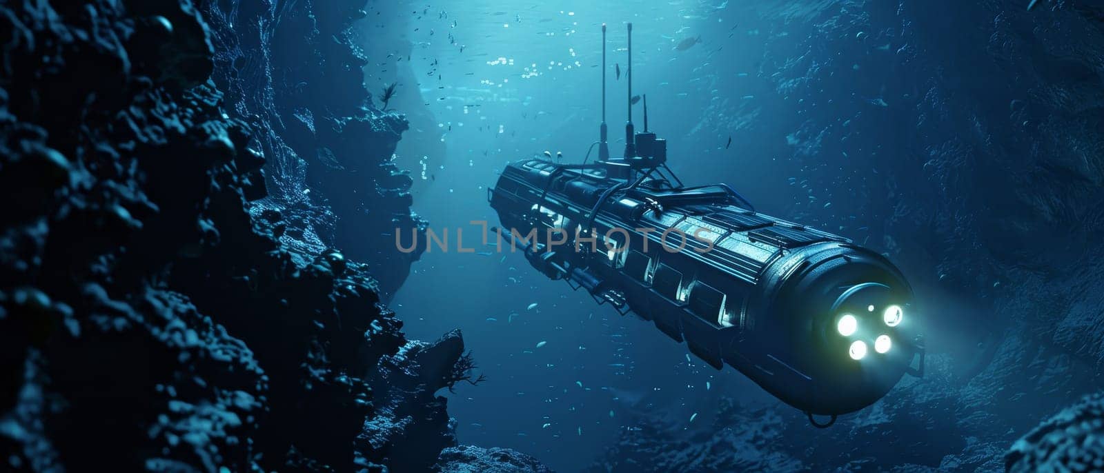 A bathyscaphe floats just above a colorful coral reef teeming with fish