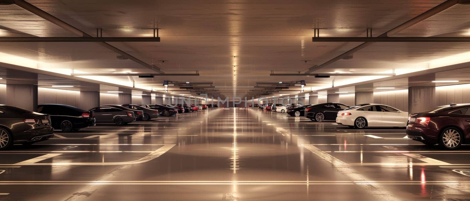 A well-lit underground parking garage with rows of parked cars in various colors