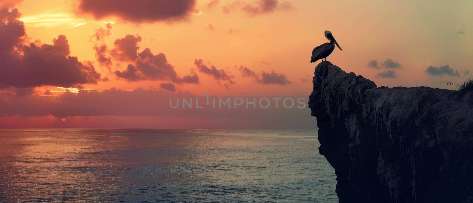 Majestic Pelican Silhouetted on Rocky Cliff at Sunset - Serene Beauty of Nature