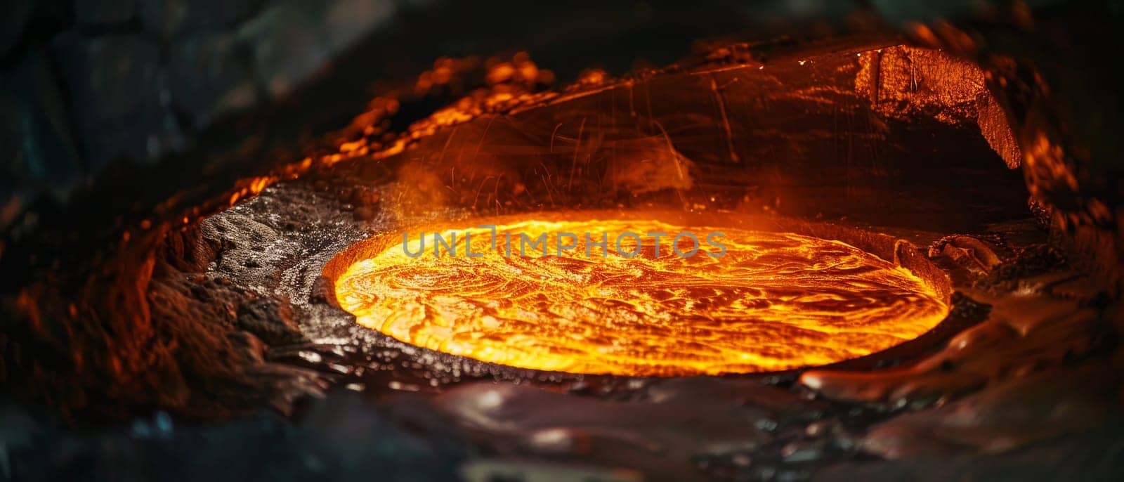 Molten lava churns in a natural crucible, framed by darkened rock, capturing the raw power and heat of the Earth's fiery belly