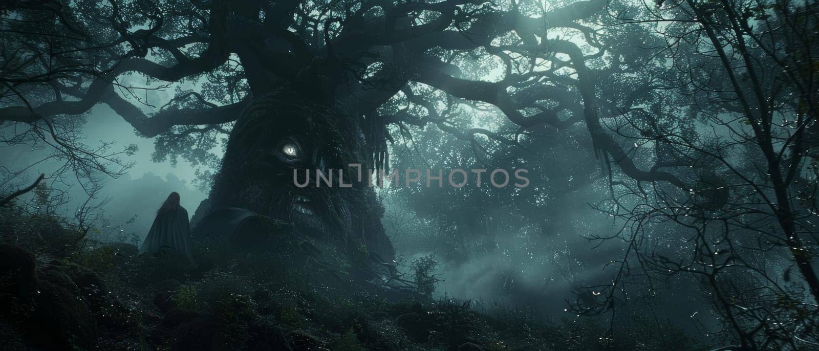 In the midst of an enchanted forest, a majestic tree entity with a single eye guards the realm, exuding an air of wisdom and ancient magic