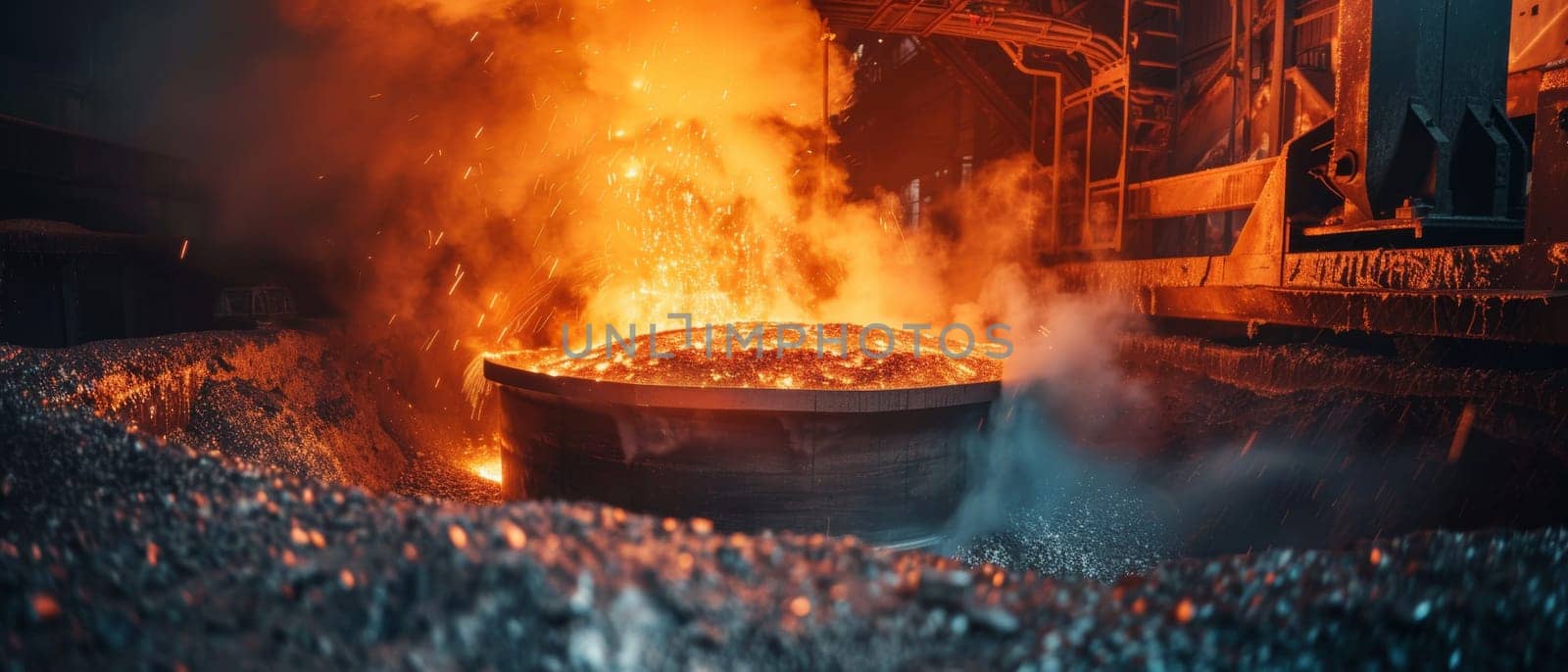 Sparks fly as molten steel is processed in an industrial environment, highlighting the heat and energy of metalwork