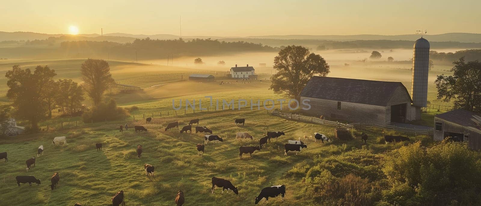 Soft morning light blankets a farm and grazing cows, casting long shadows and illuminating the surrounding mist