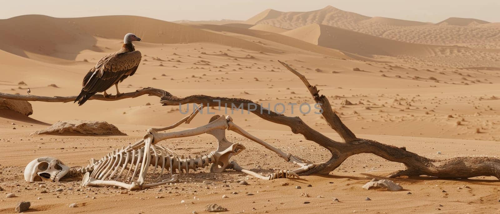 A vulture perches on a branch near a skeleton amidst the vast, undulating dunes of a serene desert landscape