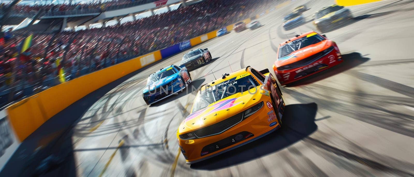 Dynamic race cars speeding on a track, cheered by a crowd in the stands, capturing the thrill of motorsport