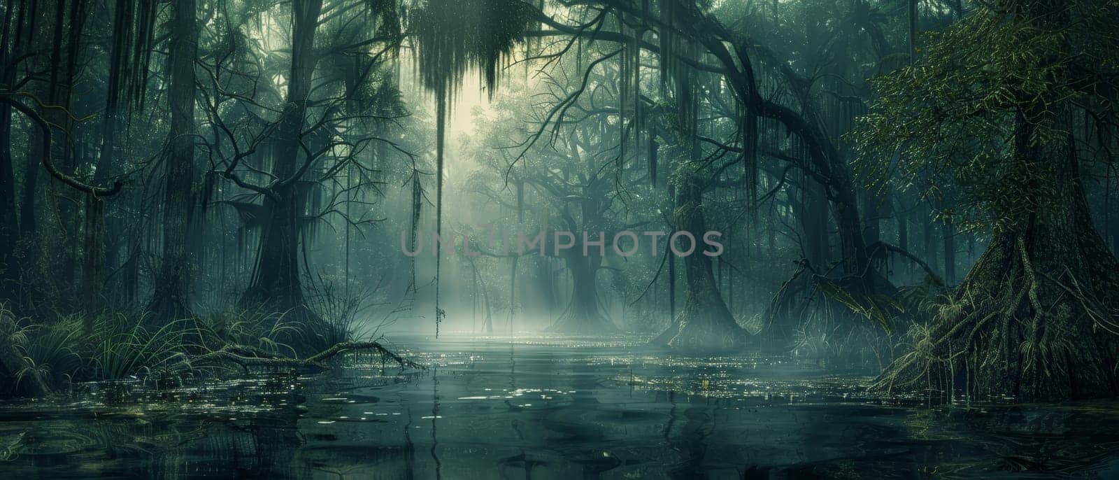Mysterious foggy swamp with ancient trees, their branches hanging low, reflecting in the calm water under the eerie light