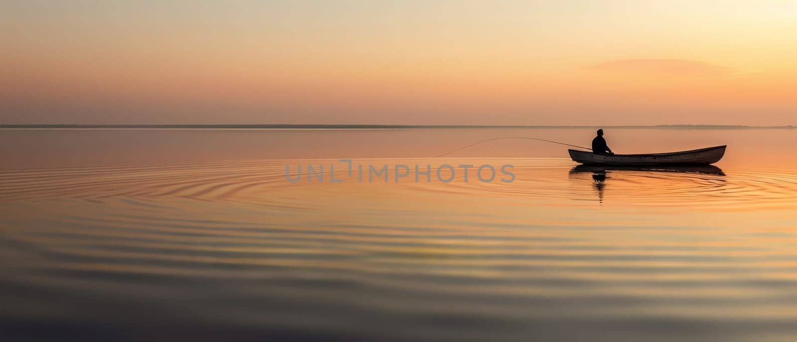 Tranquil fishing experience on a serene lake with a lone fisherman in his boat