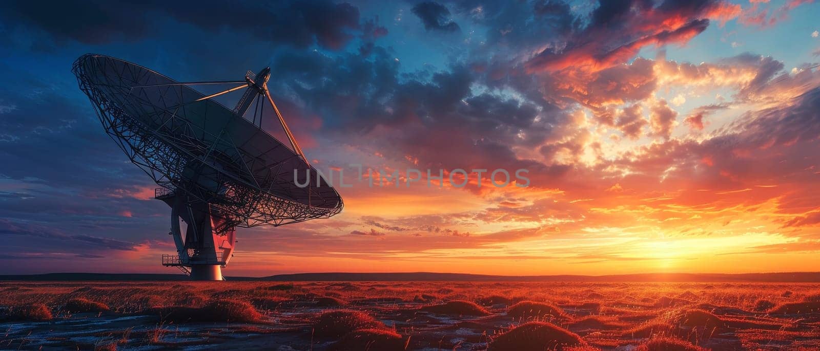 A solitary radio telescope antenna stands against a stunning sunset with orange hues illuminating the desert landscape.