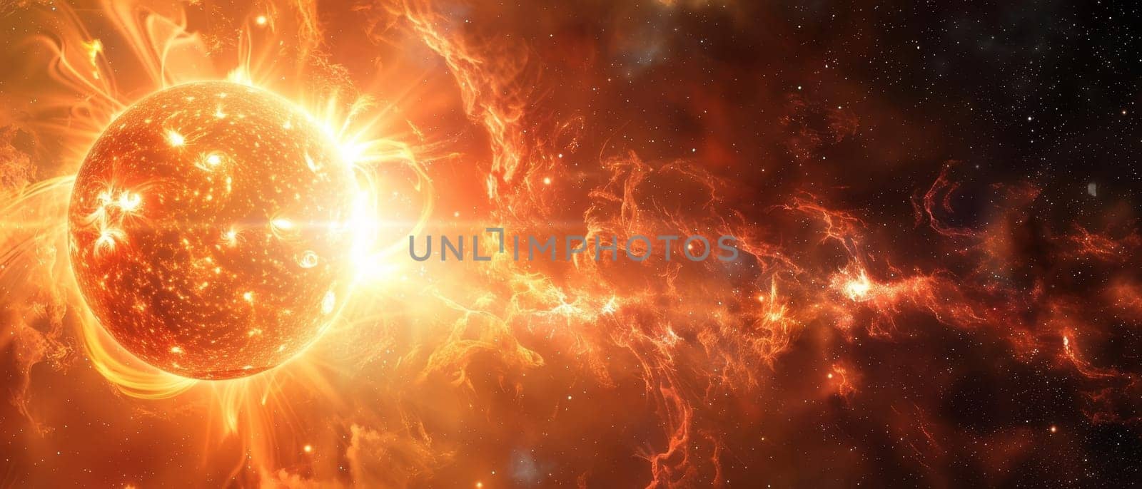 Stunning representation of a fiery sun with dynamic solar flares against the backdrop of cosmic space and stars.