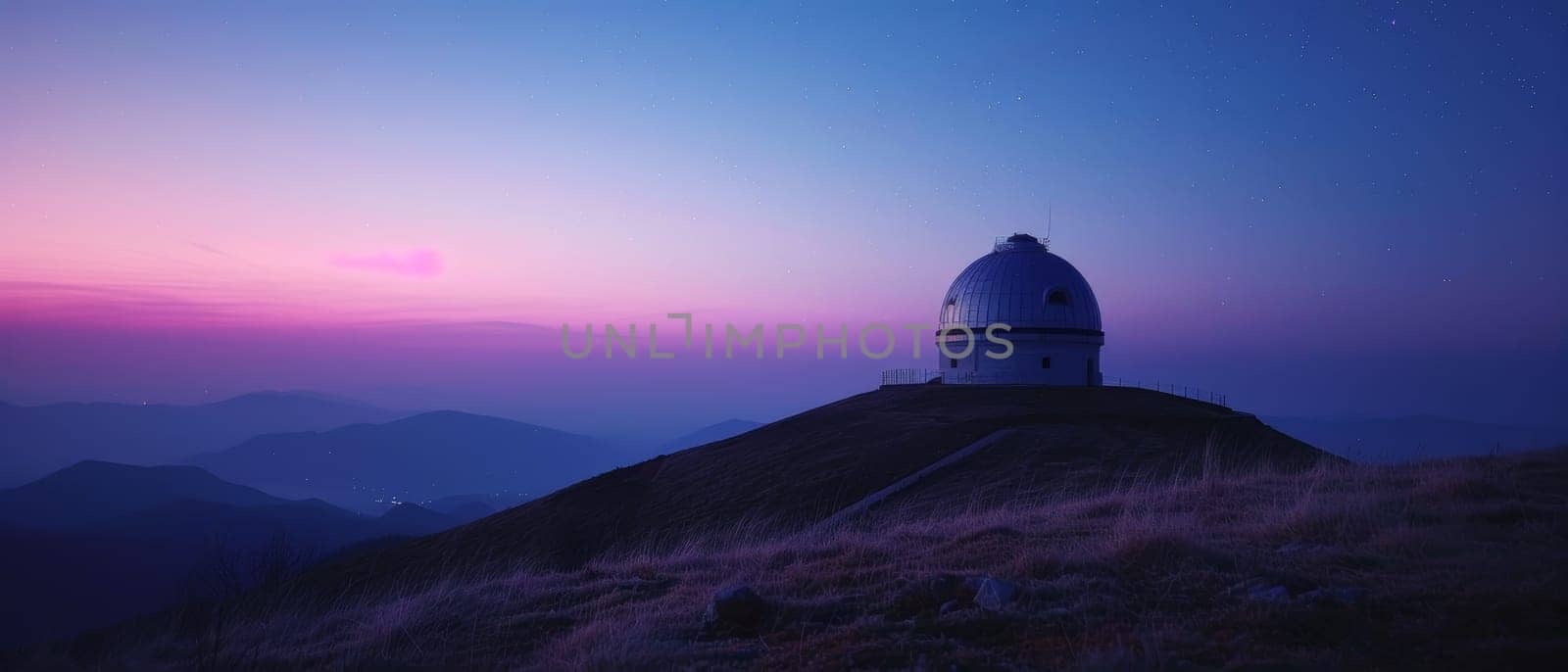 A solitary observatory stands out against a stunning twilight sky, evoking tranquility and scientific discovery.