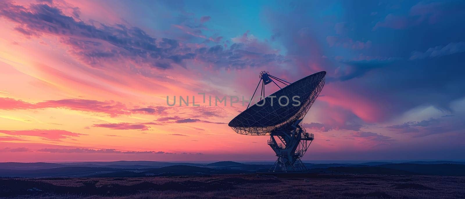 A solitary radio telescope antenna stands against a stunning sunset with orange hues illuminating the desert landscape.
