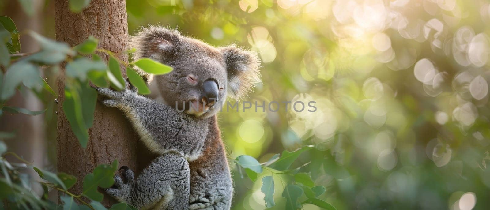 A peaceful koala clutches a eucalyptus tree, surrounded by a sunlit forest, showcasing wildlife in their natural environment.