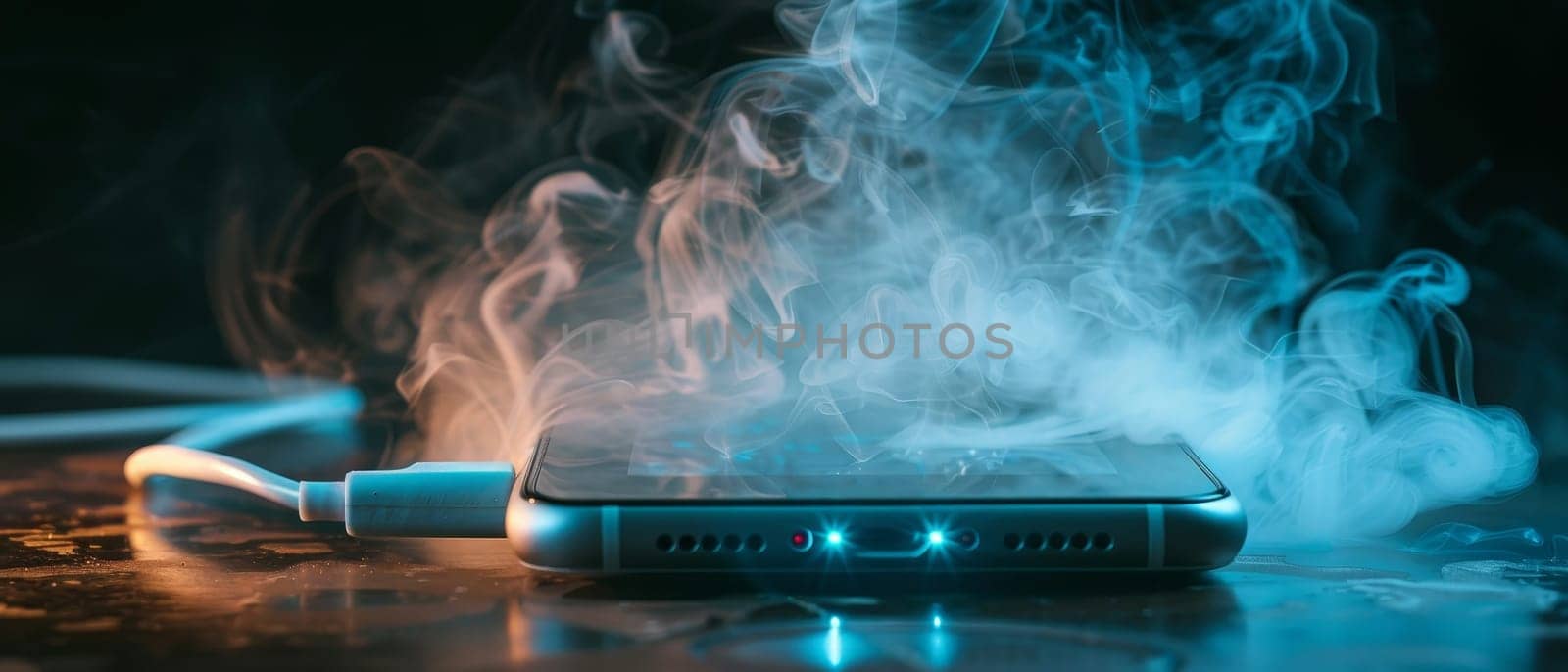 A concept image featuring a smartphone charging cable surrounded by electric smoke, portraying technology hazards.