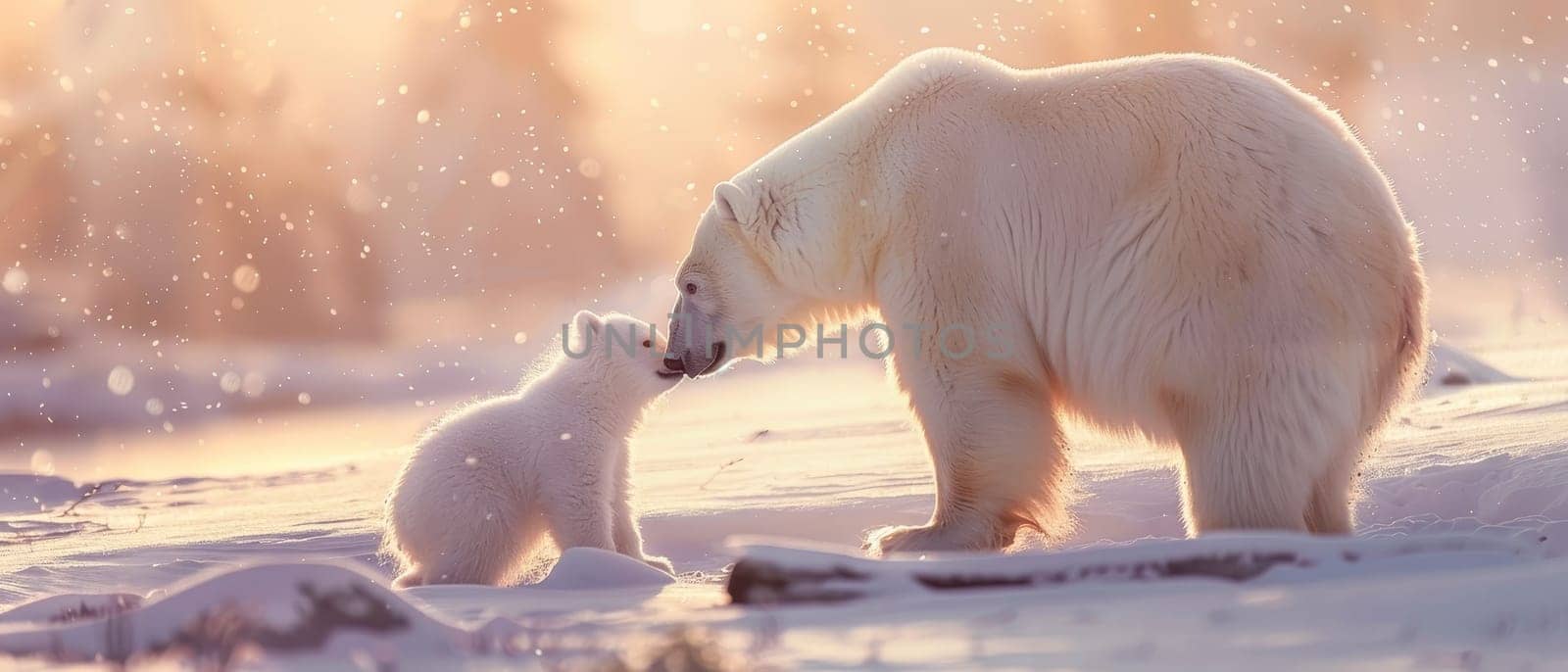 A captivating image depicting a tender interaction between two polar bears in a serene, snowy environment, illuminated by soft sunlight.