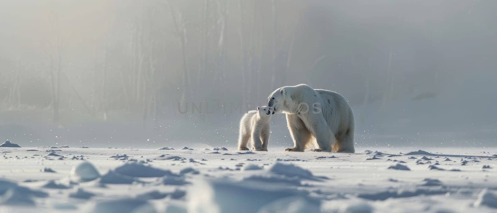 A captivating image depicting a tender interaction between two polar bears in a serene, snowy environment, illuminated by soft sunlight.