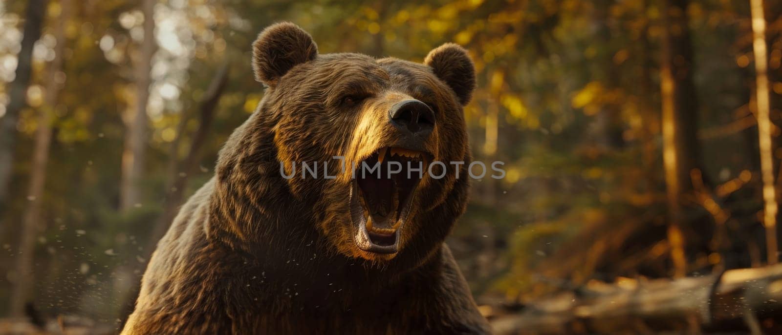 A detailed close-up of a ferocious brown bear roaring amidst the autumnal forest, capturing the raw power of wildlife.
