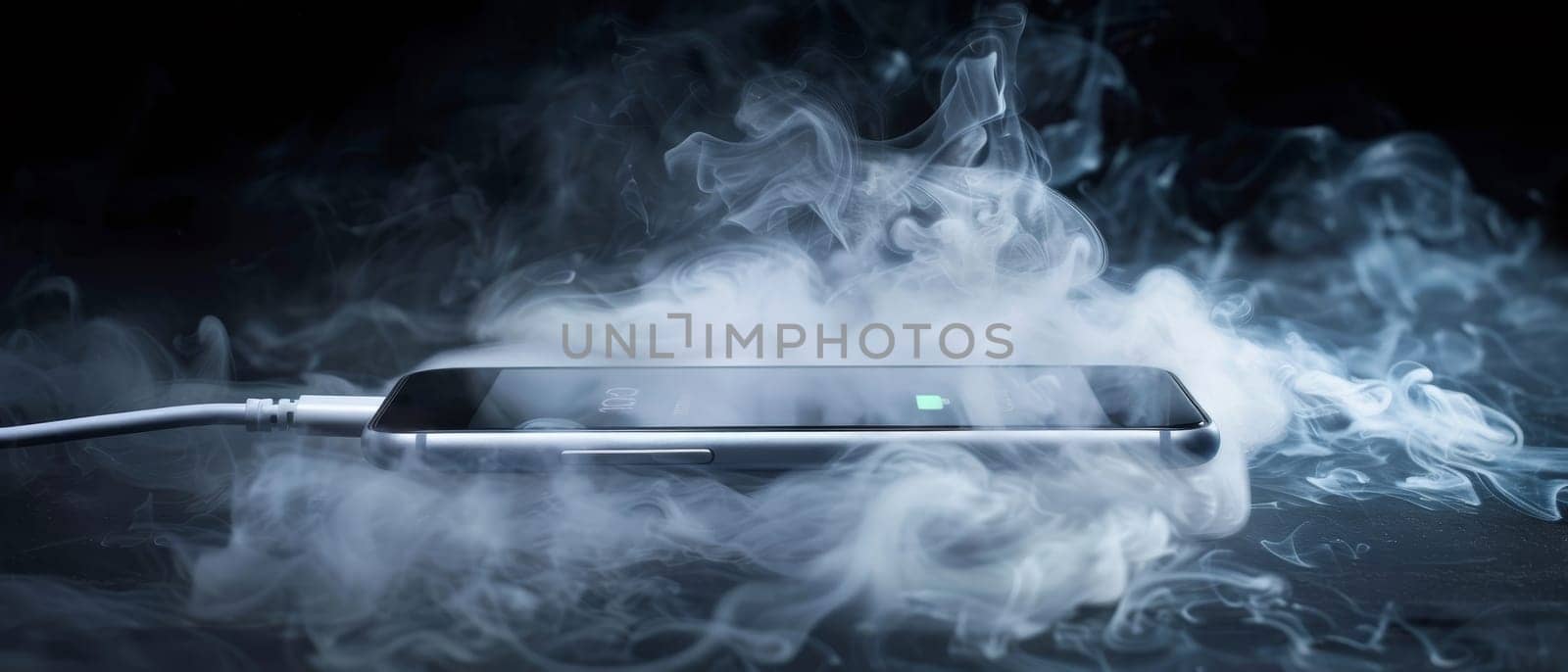A concept image featuring a smartphone charging cable surrounded by electric smoke, portraying technology hazards.