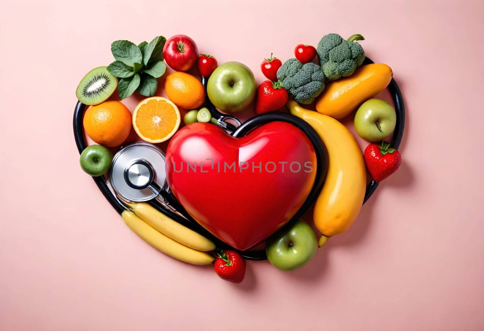 AI generated of a heart with fruits and vegetables on a pink background