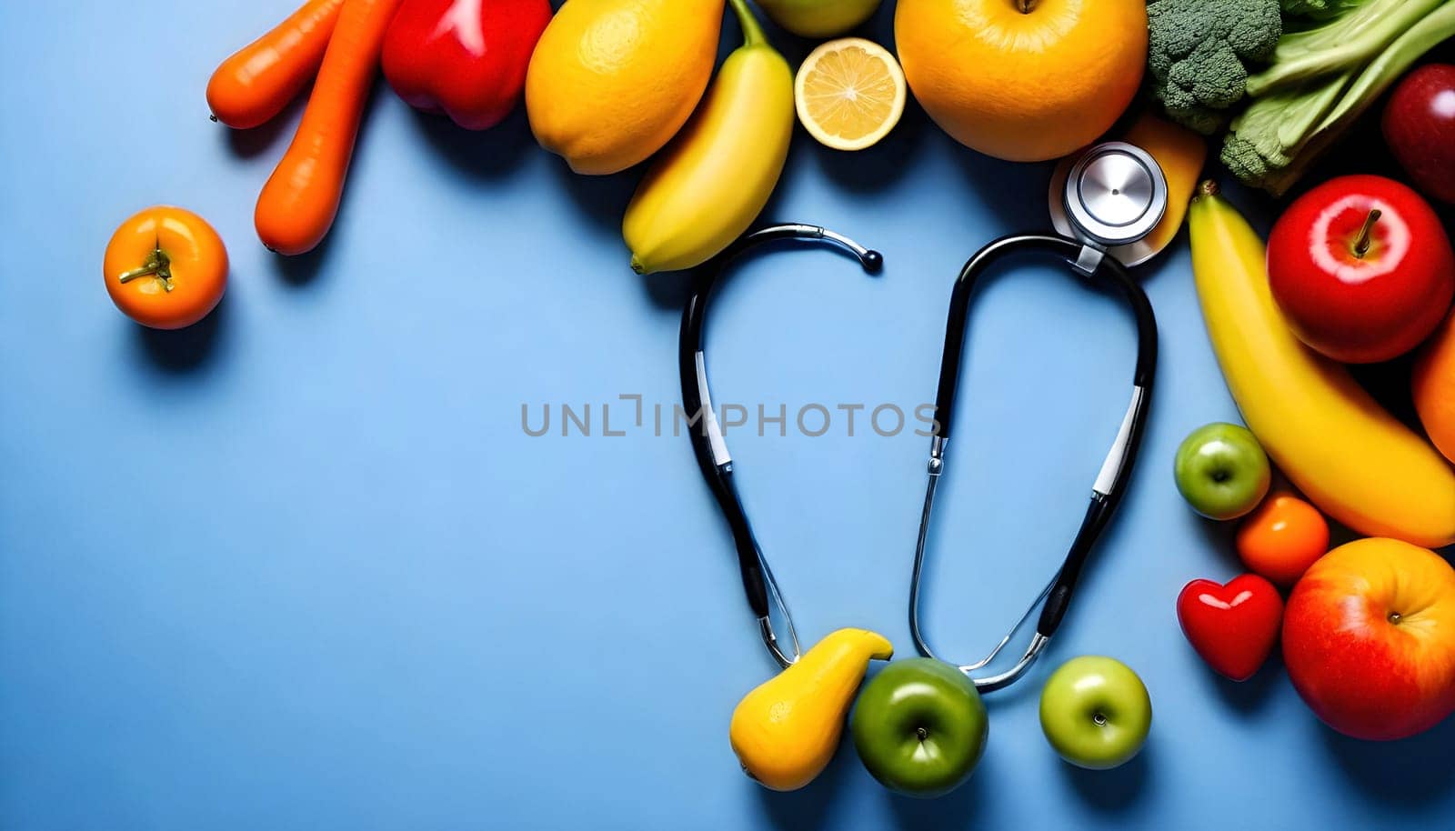 AI generated of a heart shaped of fruits, vegetables, and stethoscope are on a blue table