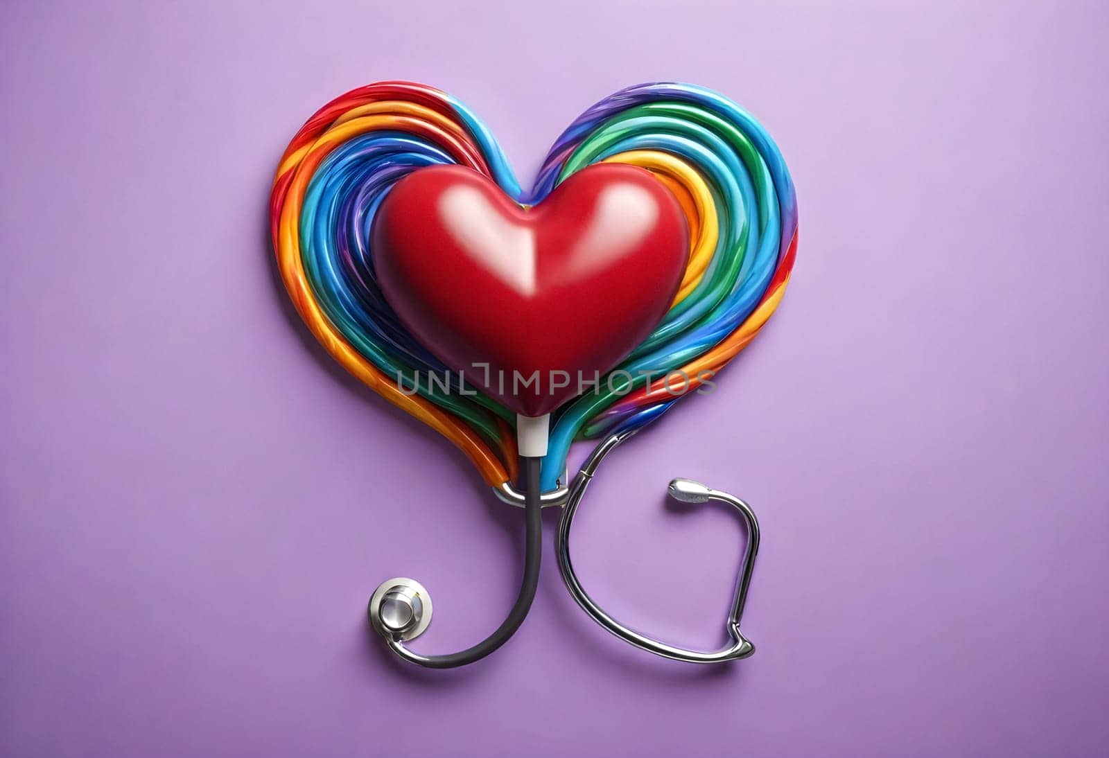 AI. generated of a heart with a rainbow colored stethoscope wire is laying on a purple background