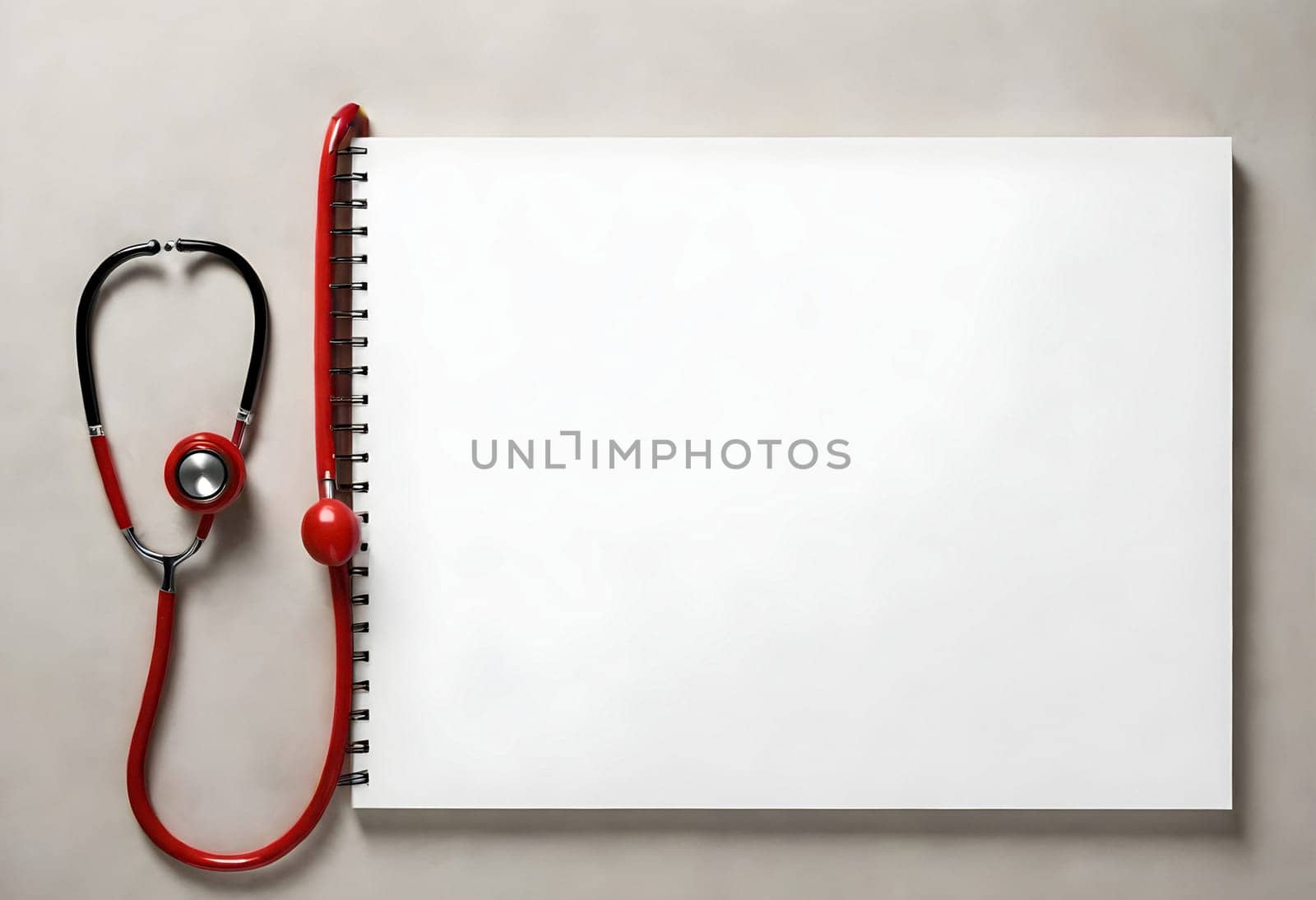AI generated of a red stethoscope with an empty notebook on light background