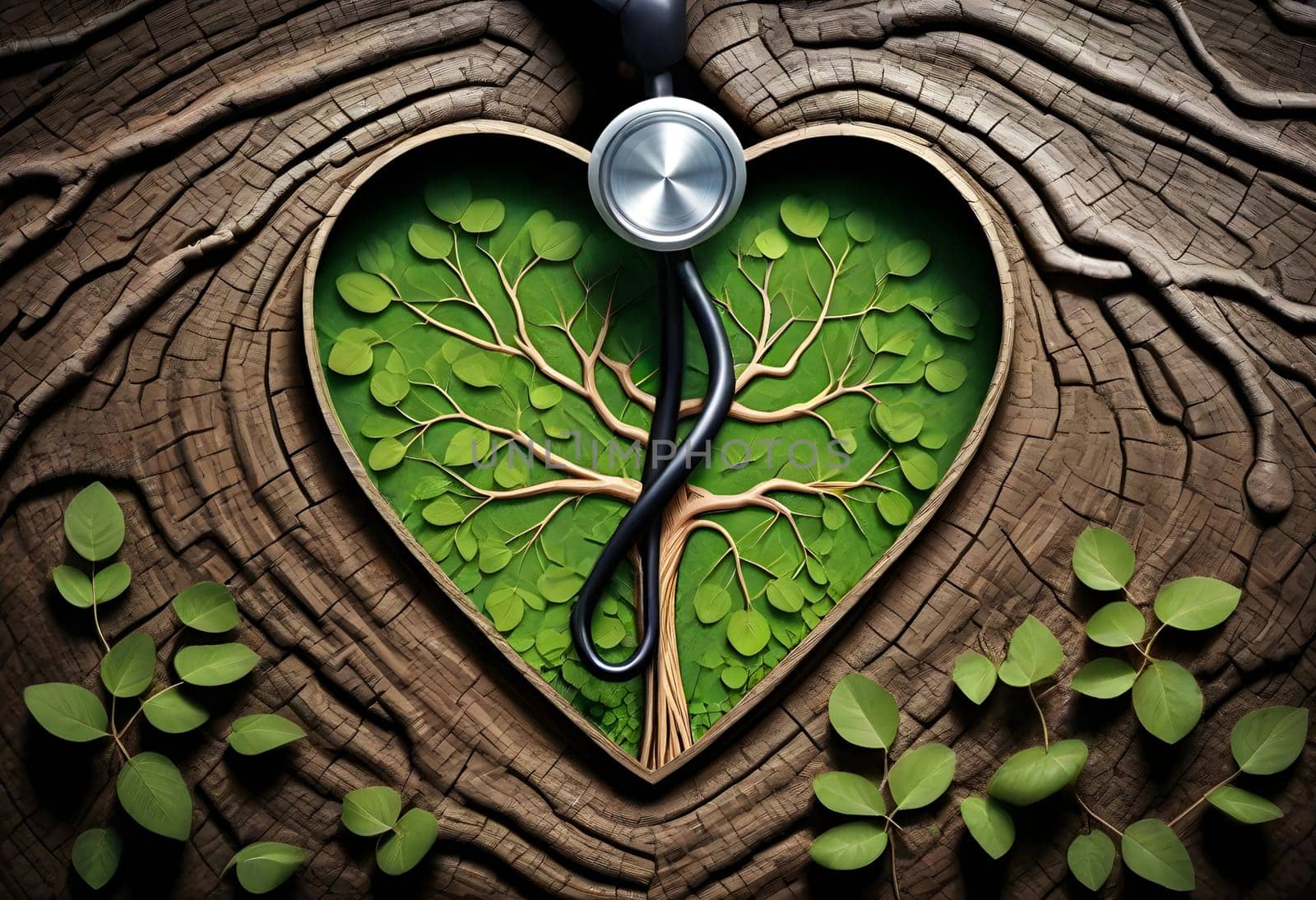 AI generated of a heart with a stethoscope and a tree in the middle of it