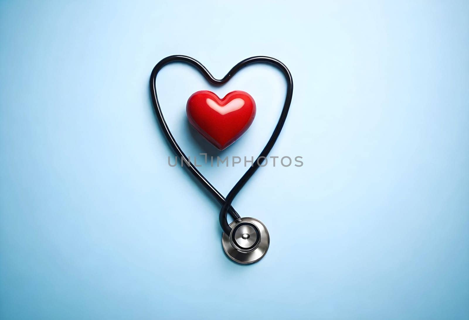 AI Generated of a heart with a heart shaped stethoscope on it is placed on a blue background