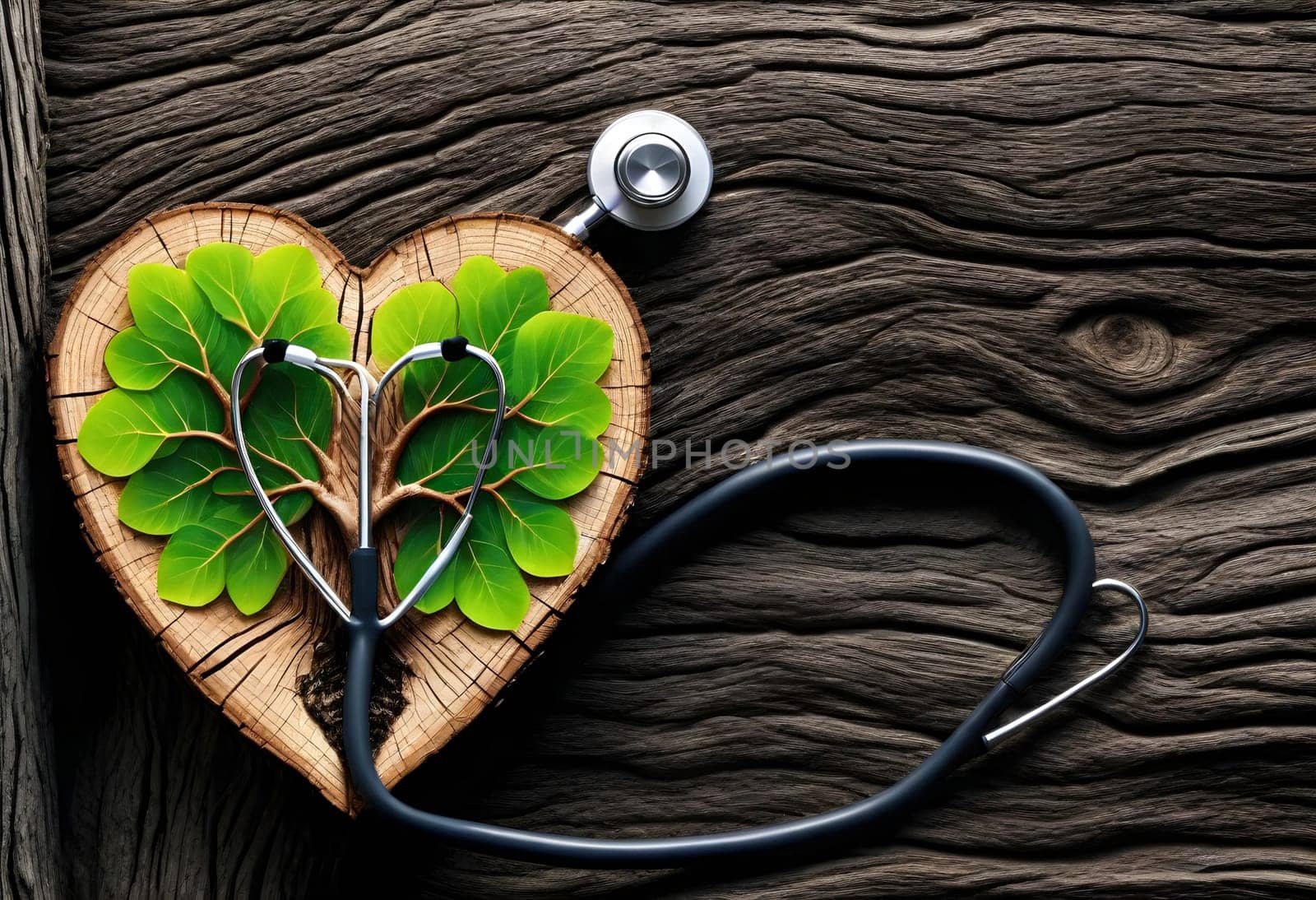 AI generated of a heart with a leaf and a stethoscope on a trunk background
