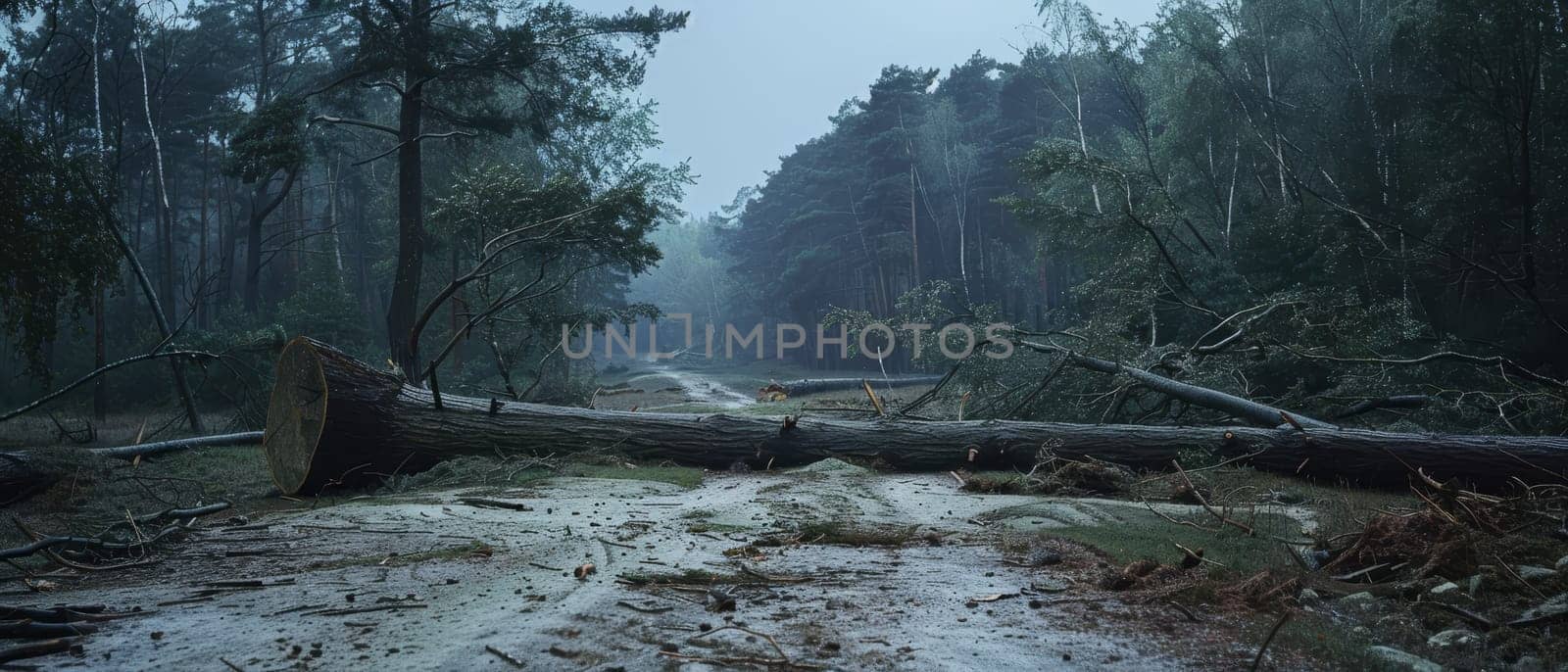 A solemn scene captures the aftermath of a storm with fallen trees obstructing a forest path, showcasing nature's raw power