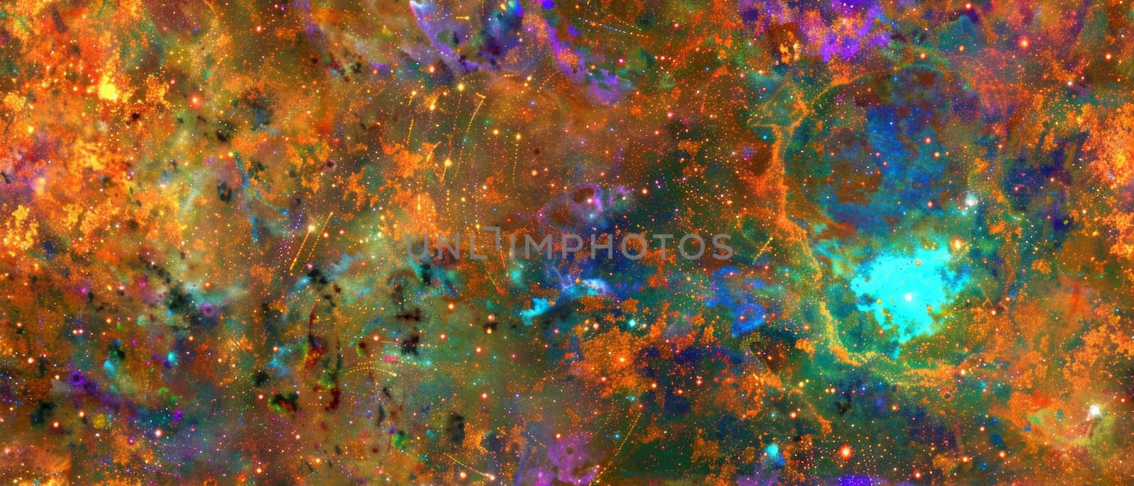 This image artfully captures the ethereal beauty of interstellar clouds, blended with a spectrum of cosmic colors, evoking the mystery of the cosmos