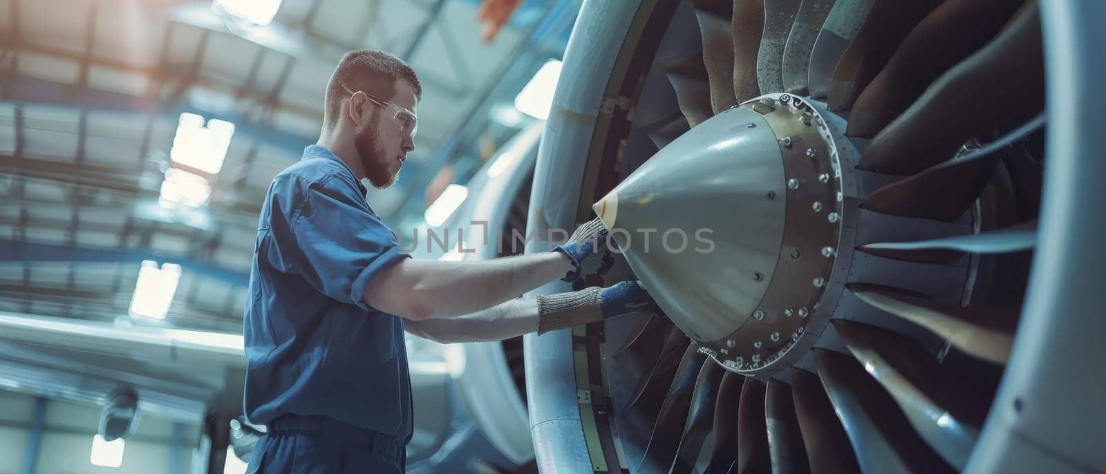 A technician in a blue uniform stands before a massive jet engine, inspecting it meticulously within an aircraft hangar