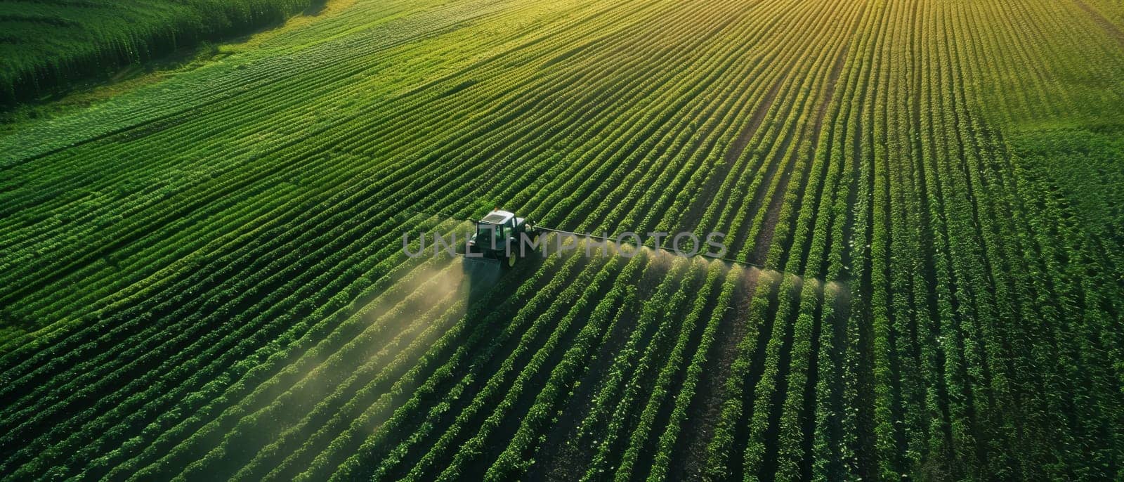 Tractor spraying pesticides over a vast field of crops, captured from an aerial perspective during golden hour, highlighting agricultural practices