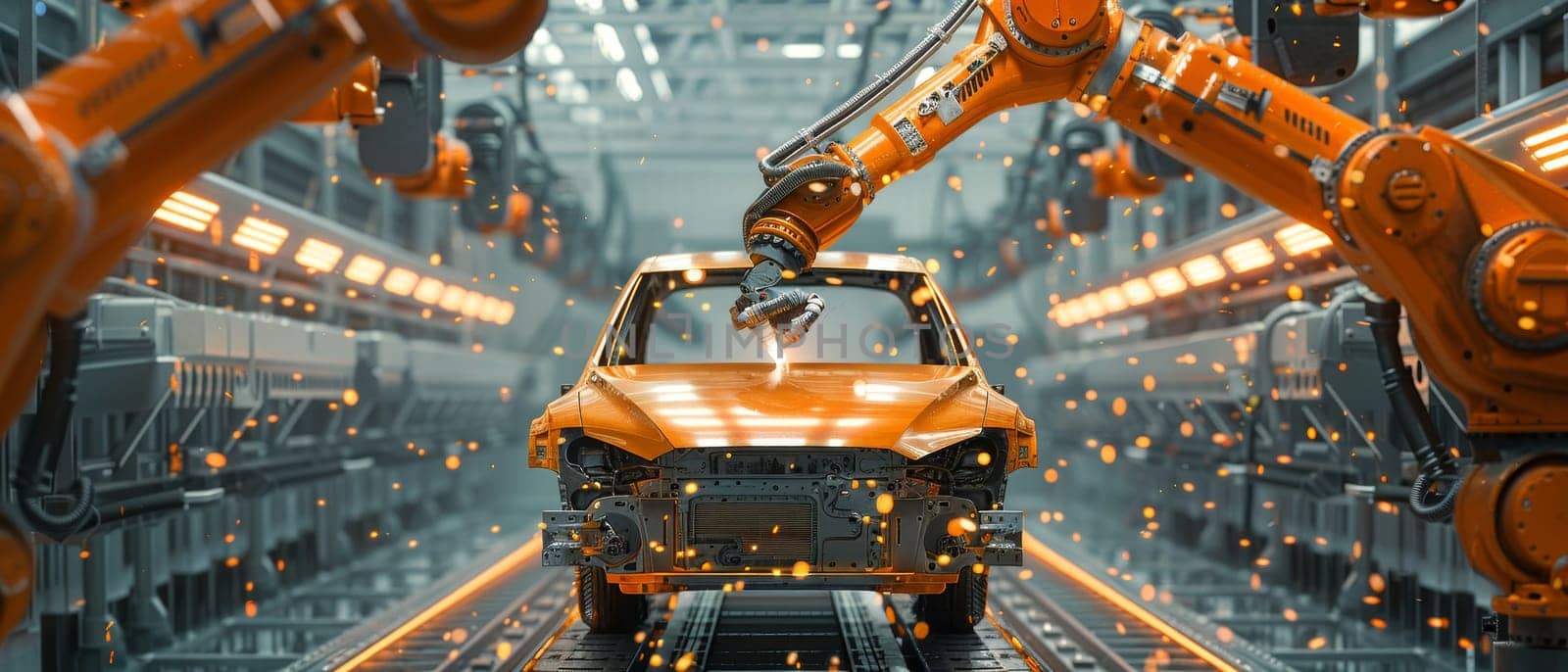 An assembly line with industrial robots fitting panels to a car chassis, showcasing precision and automation in modern manufacturing