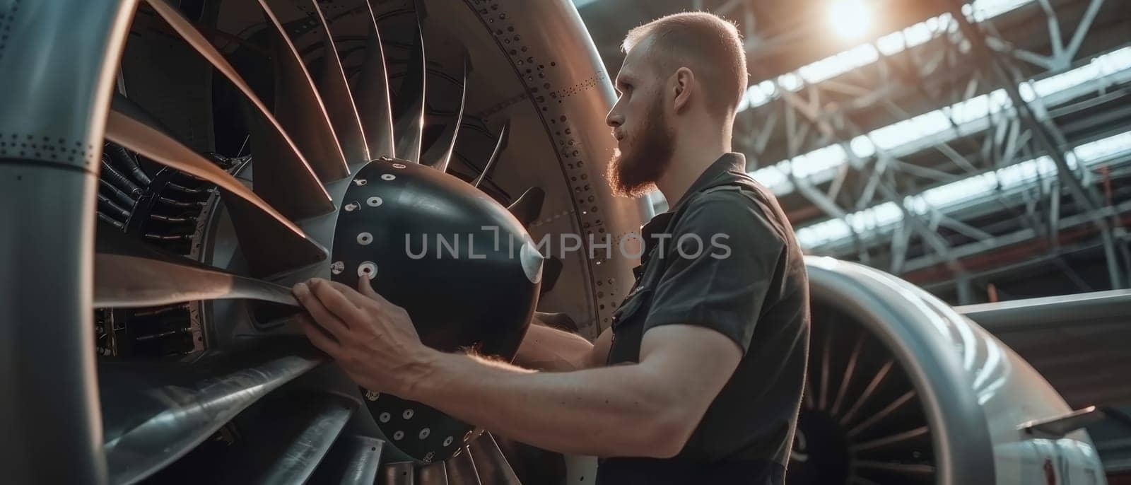 An aviation mechanic in a dark uniform and safety glasses is engaged in a thorough check of a jet engine's components in a hangar