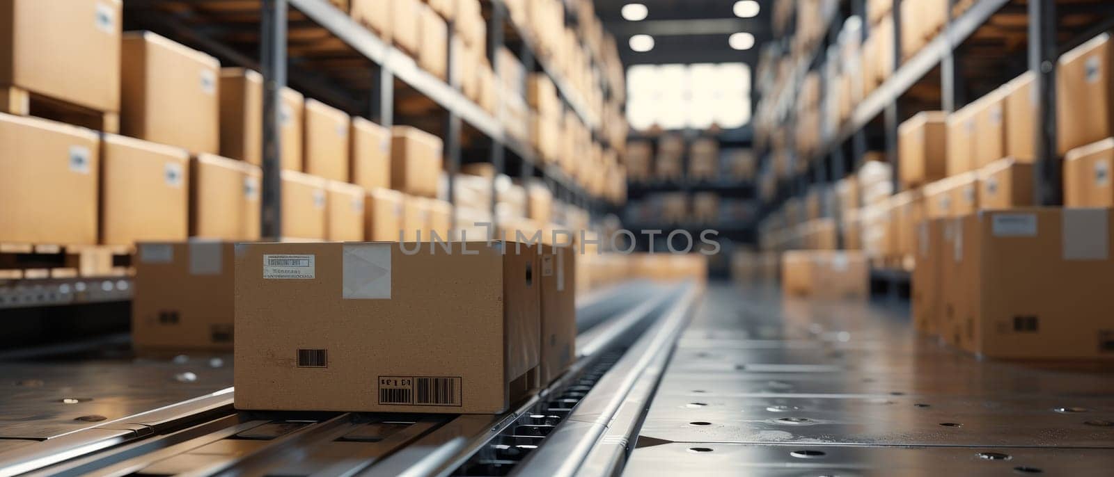 An endless row of cardboard boxes on a conveyor belt in a warehouse, showcasing streamlined logistics and supply chain automation