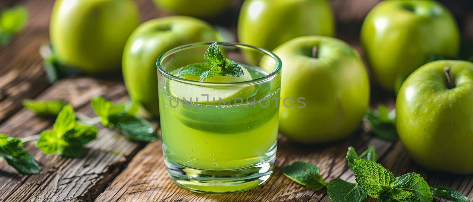 A chilled glass of apple mint drink, a fusion of crisp flavor and invigorating freshness, presented on a natural wooden surface