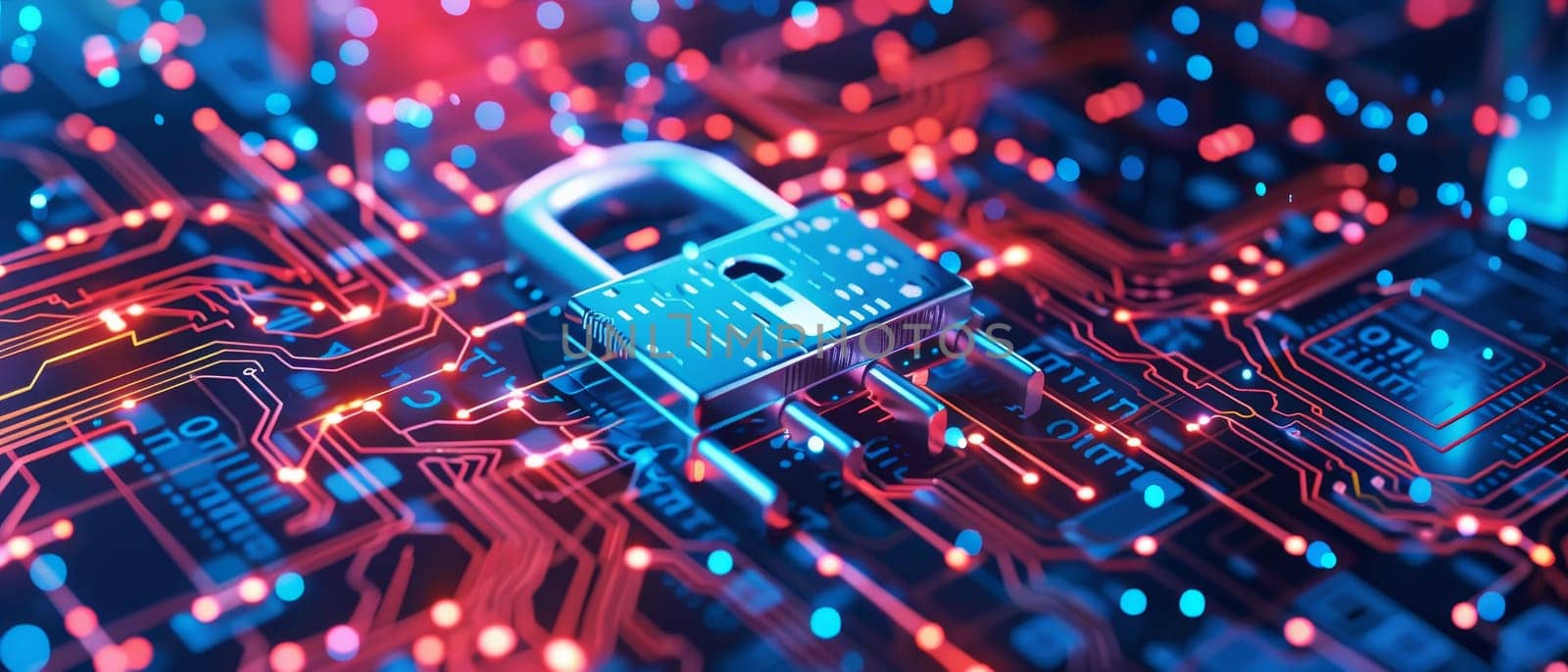 A vibrant depiction of a digital lock securing a network, symbolizing robust cybersecurity measures