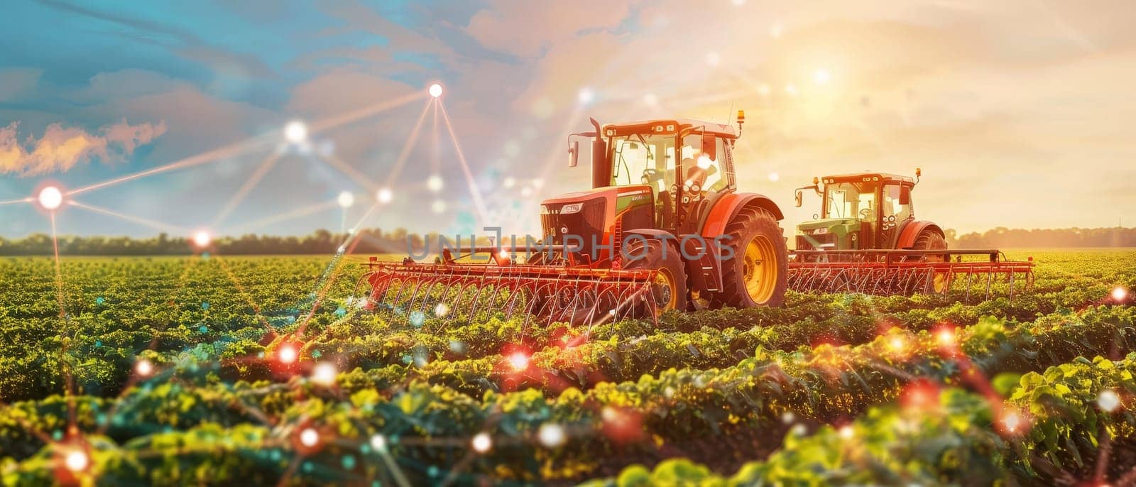 Two powerful tractors with extended harvesting equipment operate in a lush green field under bright lights, showcasing modern agricultural practices
