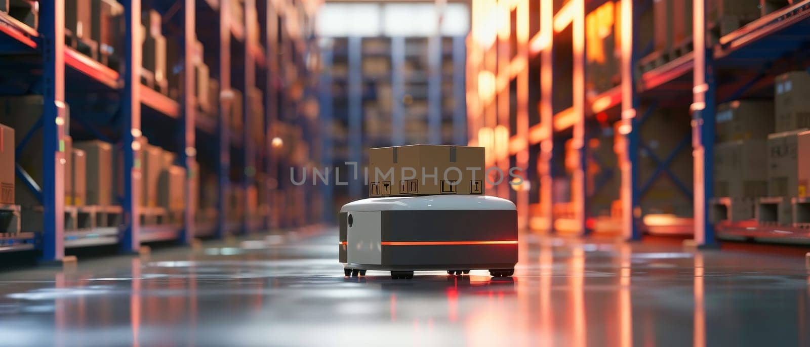 A self-driving warehouse robot loaded with boxes traverses the storage facility floor, illustrating autonomous solutions in material handling